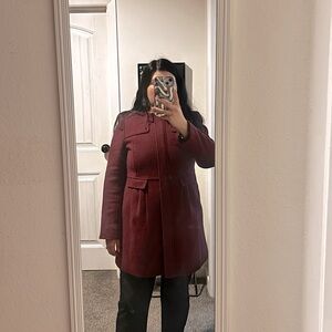 Loft burgundy zip-front collarless wool blend coat